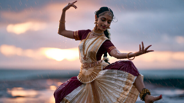 Kerala Bharatanatyam classical dancer,, mid 20s, ethereal goddess like beauty, luminous dewy skin, expressive kohl lined eyes with graceful l