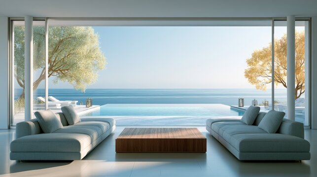 Luxury Modern Living Room with Infinity Pool and Ocean View.