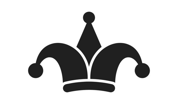 Black and white vector illustration of a stylized jester hat with pointed crown and bells on the sides
