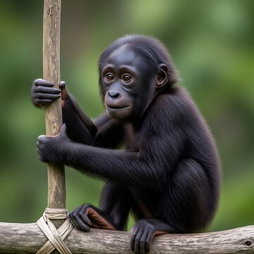 Young Bonobo Holding Wooden Pole in Lush Green Forest Setting