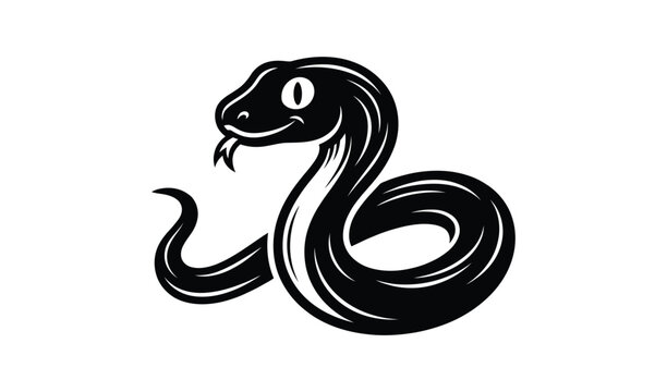 Minimalist black and white vector illustration of a coiled snake with open mouth and visible fangs, isolated on white background