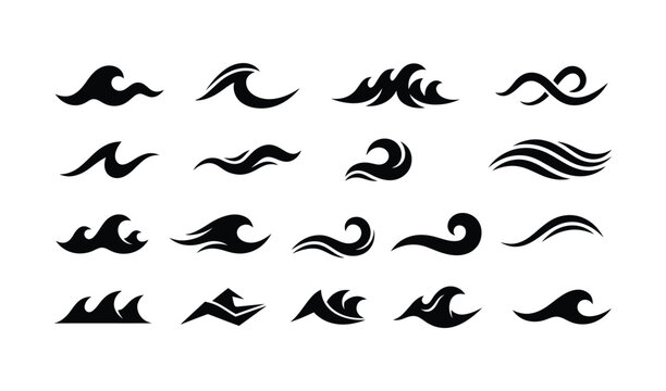 Collection of sixteen black and white minimalist wave icons, vector illustration for design and branding projects