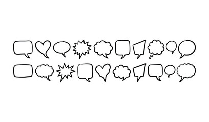 Fototapeta premium Hand-drawn black and white speech bubble icons set with hearts, stars, and clouds for comic book design