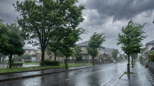 台風の暴風で大きく揺れる街路樹 異常気象と防災イメージ