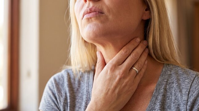 Close-up of woman touching her neck due to sore throat and thyroid pain for medical concepts