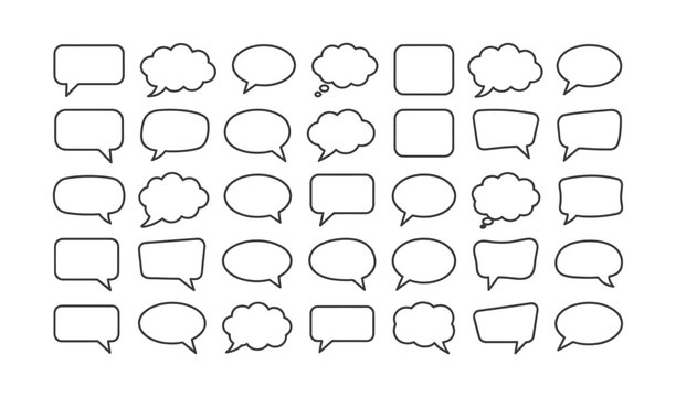 Collection of thirty two empty speech bubble icons in various shapes, black line art style, isolated on white background for design use
