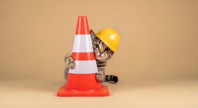 A tabby cat wearing a yellow hard hat peeks out from behind a red and white traffic cone against a neutral beige background.
