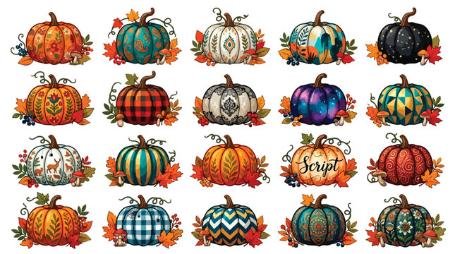 Boho decorative pumpkin collection, 20 patterned autumn squash vectors, rustic fall harvest illustrations with floral and geometric designs