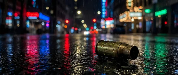 Discarded metal bottle cap lies on wet urban street at night with colorful neon lights and bokeh reflections, suitable for urban decay and city nightlife concepts. © Yuliia