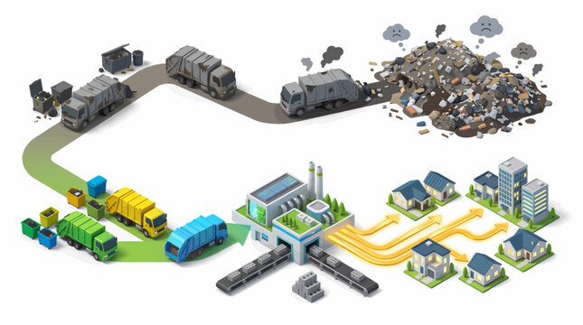 Integrated waste management system diagram illustrating the crucial waste to energy (WTE) conversion process for achieving urban sustainability and environmental responsibility