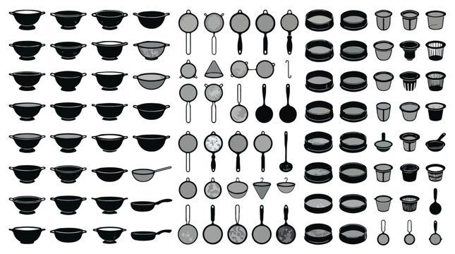Vintage kitchen colander and strainer icons, large collection of metal sieve and mesh filter silhouettes, professional culinary equipment vector set