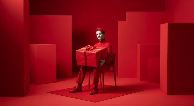 Man in Red Holding Large Gift Box in Red Room