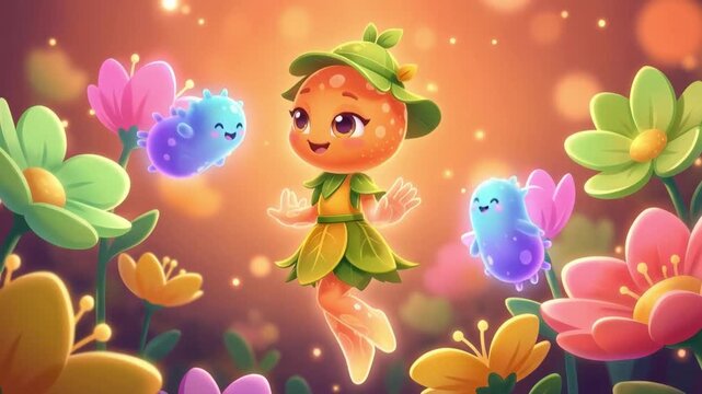 Enchanting fairy character dancing with cute magical creatures in a vibrant garden