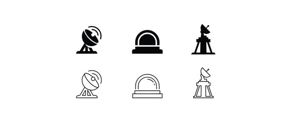 Six of satellite dishes and a dome structure in solid black and outline styles for technology antenna © Sabbir