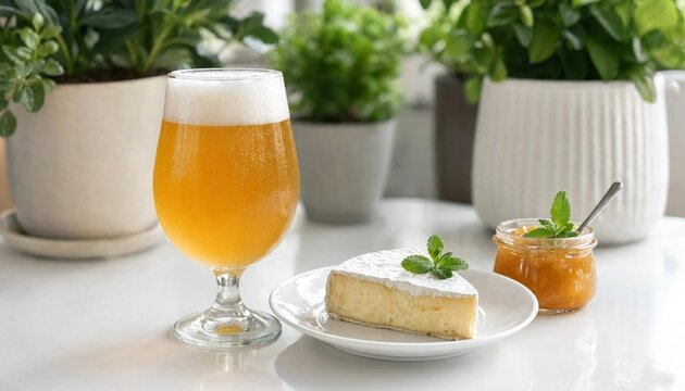 Glass of cold light beer served with brie cheese and fruit jam on white table