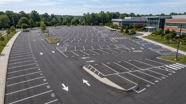 Aerial view of a large, newly paved and marked empty parking lot with numbered spaces and directional arrows, adjacent to modern office buildings under a clear blue sky