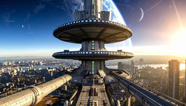 Futuristic space elevator ascending into Earth's orbit at sunrise. High-tech orbital transport tower connecting planet surface to outer space.