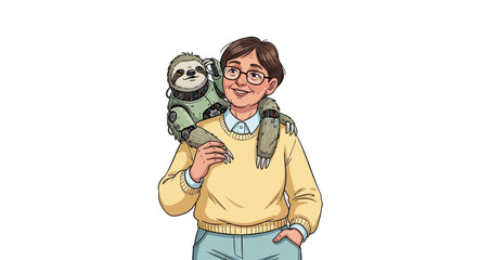 Naklejka premium Illustration of a woman with a robotic sloth on her shoulders
