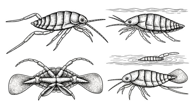 Illustration of Isopod Crustaceans in Various Poses