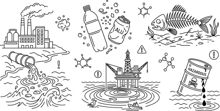 Environmental pollution line icon set with factory waste oil rig plastic bottle hazardous barrel and dead fish skeleton