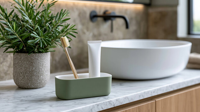 Small unbranded travel oral care case containing a toothbrush and toothpaste tube neatly arranged on a white marble bathroom shelf, soft natural light, minimalist quiet luxury aest