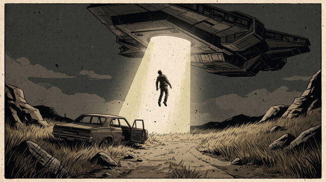 Atmospheric vintage digital raster illustration of a dramatic extraterrestrial abduction scene depicting a silhouette of a man floating in a bright UFO light beam above an abandoned car