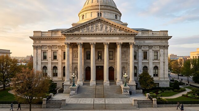 Neoclassical courthouse with grand columns and steps.