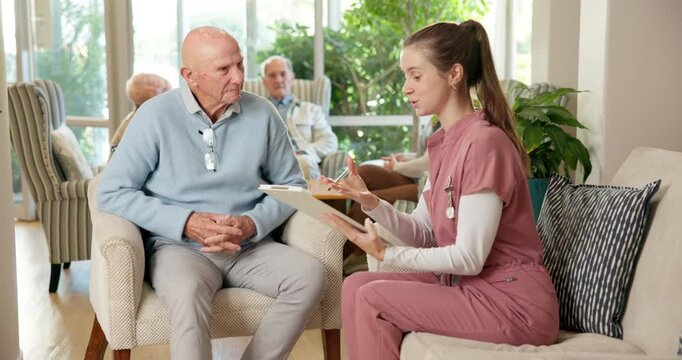 Clipboard, caregiver and senior man in nursing home for wellness report, feedback and check up. Retirement, questionnaire and nurse with elderly person for assisted living, talking and support