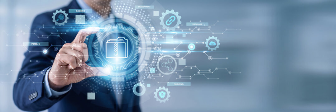 Businessman Hand Holding Open Data and information networking data, public data systems, transparency platforms, data sharing solutions, analytics and research technology