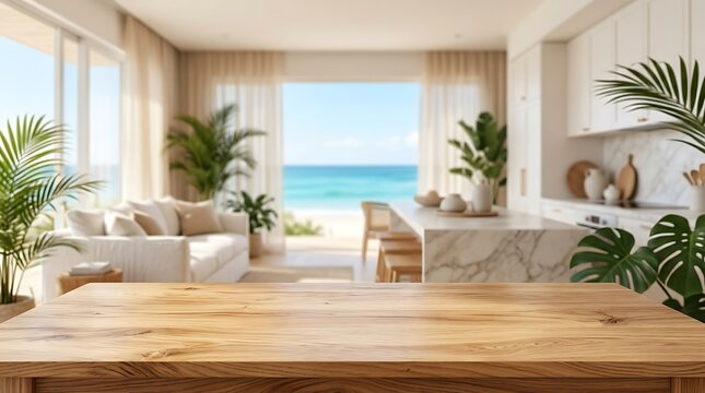 Empty wooden table surface for product placement in a luxury tropical beach house living room with blurred background.