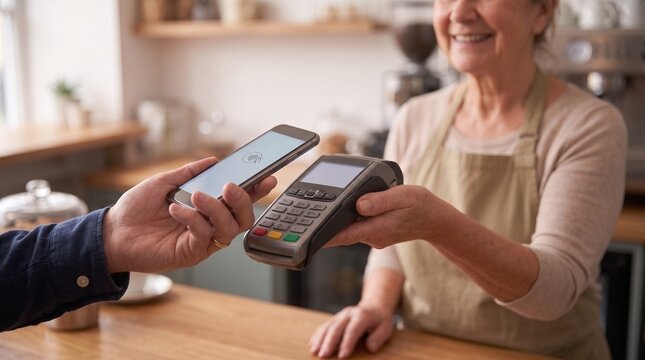 Customer paying with a smartphone at the counter of a family-owned neighborhood cafe. Modern payment technology makes everyday purchases fast, simple and convenient for local businesses.