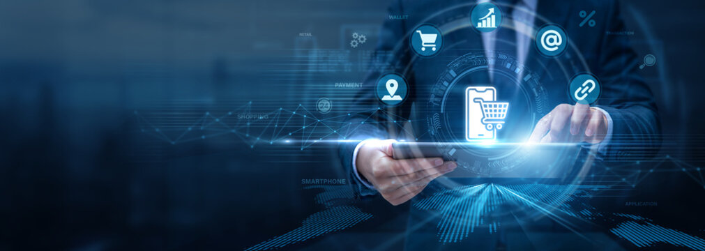 E-Commerce Specialist Analysing Mobile Commerce Using Tablet and Networking Data, mobile payments, online shopping, digital transactions, consumer engagement