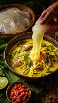 Golden sauce poured over papeda and fish in a traditional Papua meal.generative AI