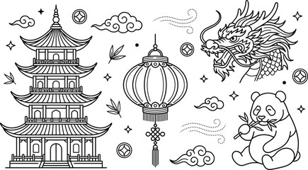 Traditional Chinese culture line art vector set with pagoda dragon head lantern panda clouds and lucky coins icon. © Mst