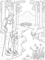 Obraz premium Father and Daughter Coloring Pages Collection Featuring Educational Activities, Family Bonding, Birthday Celebration, Nature Walks and Creative Learning Line Art Set