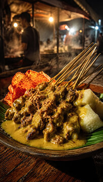 Finished Sate Padang skewers covered in spicy sauce under warm market lights.generative AI