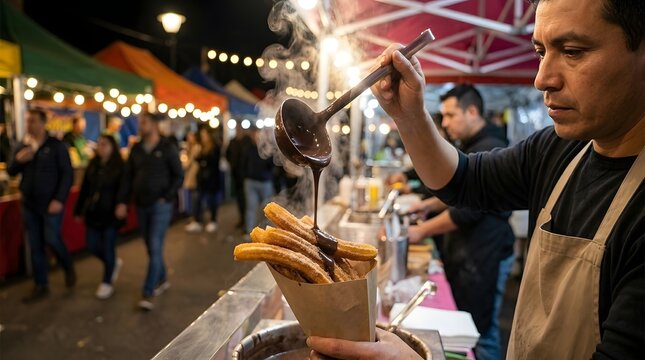 Street food stall in an open air market setting  featuring steaming dishes  vibrant packaging  and pedestrians passing by during daytime hours