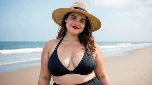 Plus size woman wearing a hat and bikini on a beach promoting body positivity, self confidence, and accepting different body shapes, challenging beauty standards and enhancing self esteem