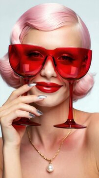 Retro coquette face with red oversized glass sunglasses, pink vintage hair styling, glossy red lips, pearl pendant necklace, metallic manicure, bold makeup, dollcore main character energy