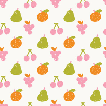 Seamless background pattern with dense hand drawn colorful mixed summer fruits on white
