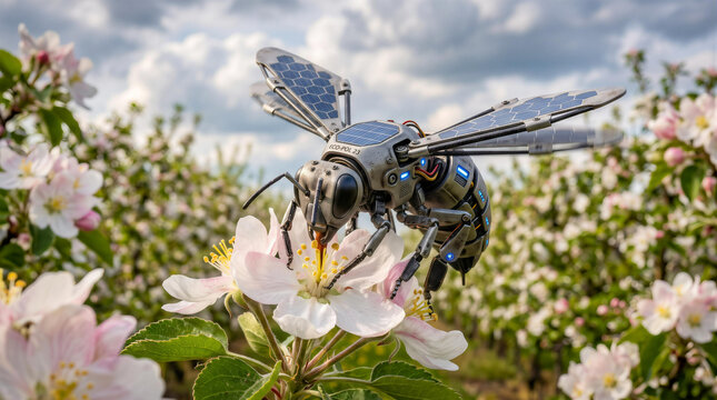 Solar powered robotic bee pollinating a blooming apple blossom in futuristic smart farming concept.