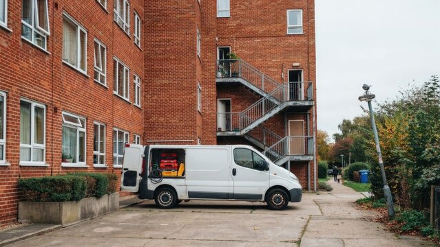 White service van with toolboxes parked in front of red brick residential apartment building for maintenance work
