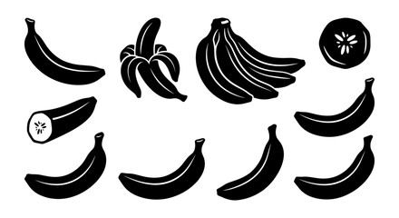 Bananas in Various Forms and Arrangements, Including Whole, Sliced, and Bunches, Depicted in a Minimalist Black and White Style. © Afjal12