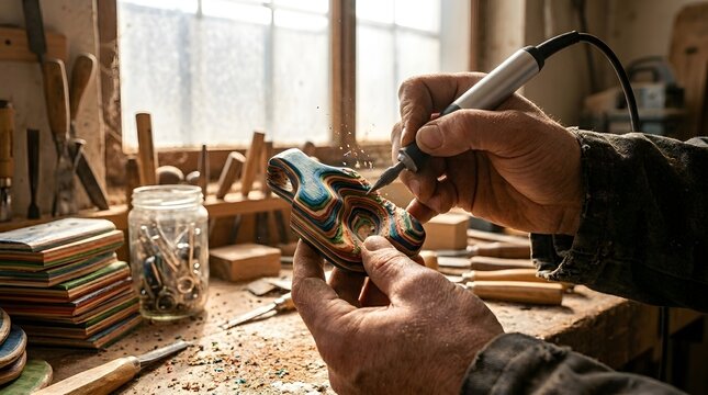 In a bright  organized workspace  an artisan uses chisels and gouges to meticulously shape a wooden piece  highlighting craftsmanship through fine detail work