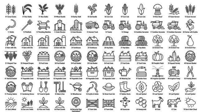 Agriculture and farming icons featuring equipment crops and tools
