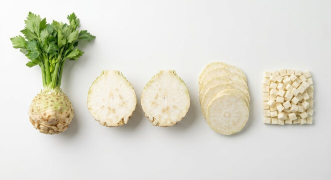 Celeriac Knobby Root Slices and Dices Displayed in Linear Cooking Prep Sequence