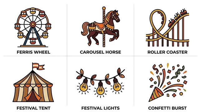 Festival fairground icon set with ferris wheel carousel and coaster