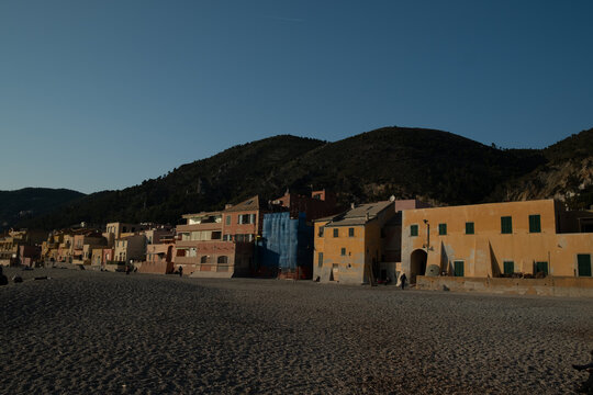 The colorful village of Varigotti, with its sandy beach on the Ligurian coast of the Riviera dei Fiori on a winter day in 2025
