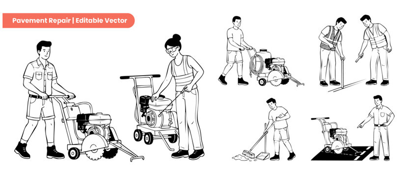 Pavement repair construction worker vector set showing road maintenance crew operating concrete walk-behind saw, measuring asphalt, sweeping debris, and repairing highway streets line art graphics ico