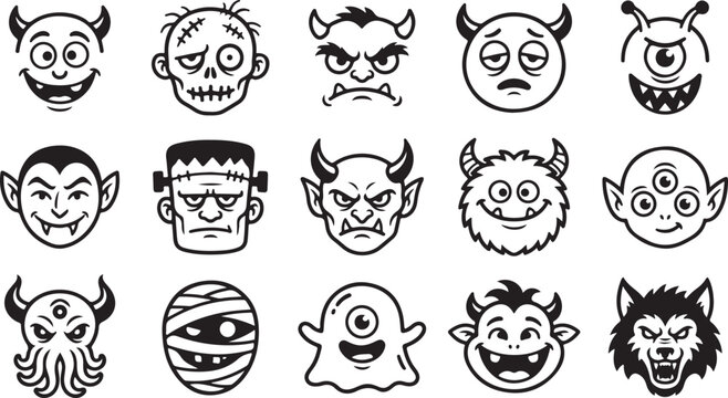 Cartoon Halloween Monster Faces, Spooky Character Avatar Icons, Line Art Emoticon Vector Illustration Collection Bundle Pack